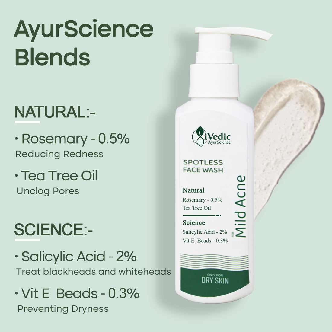 Mild Anti Acne Face Wash Cleanser ( 2% Salicylic Acid,0.3% Vitamin E Beads & 0.5% Rosemary) for Blackheads & Open pores