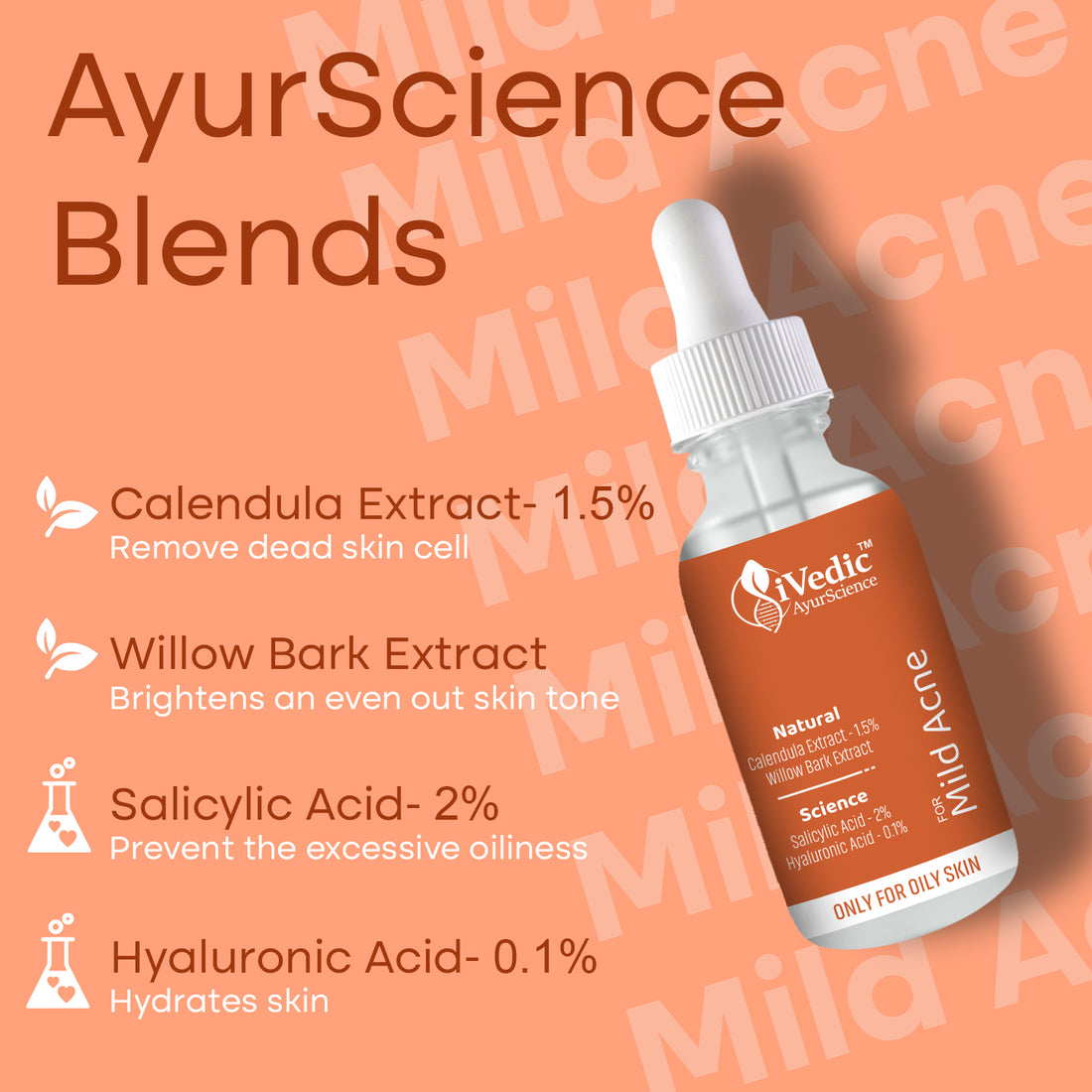 Mild Anti Acne Serum (2% Salicylic Acid, 0.1% Hyaluronic Acid & 1.5% Calendula Extact) for Blackheads & Open pores