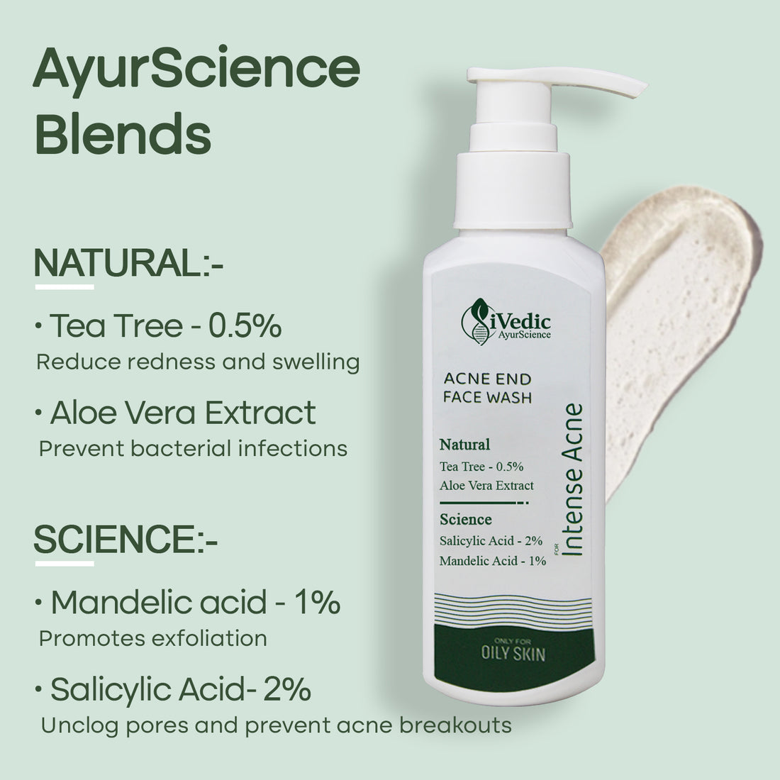 Intense Anti Acne Face Wash Cleanser (2% Salicylic Acid, 1% Mandelic Acid & 0.5% Tea Tree Oil) for Blackheads & Open pores