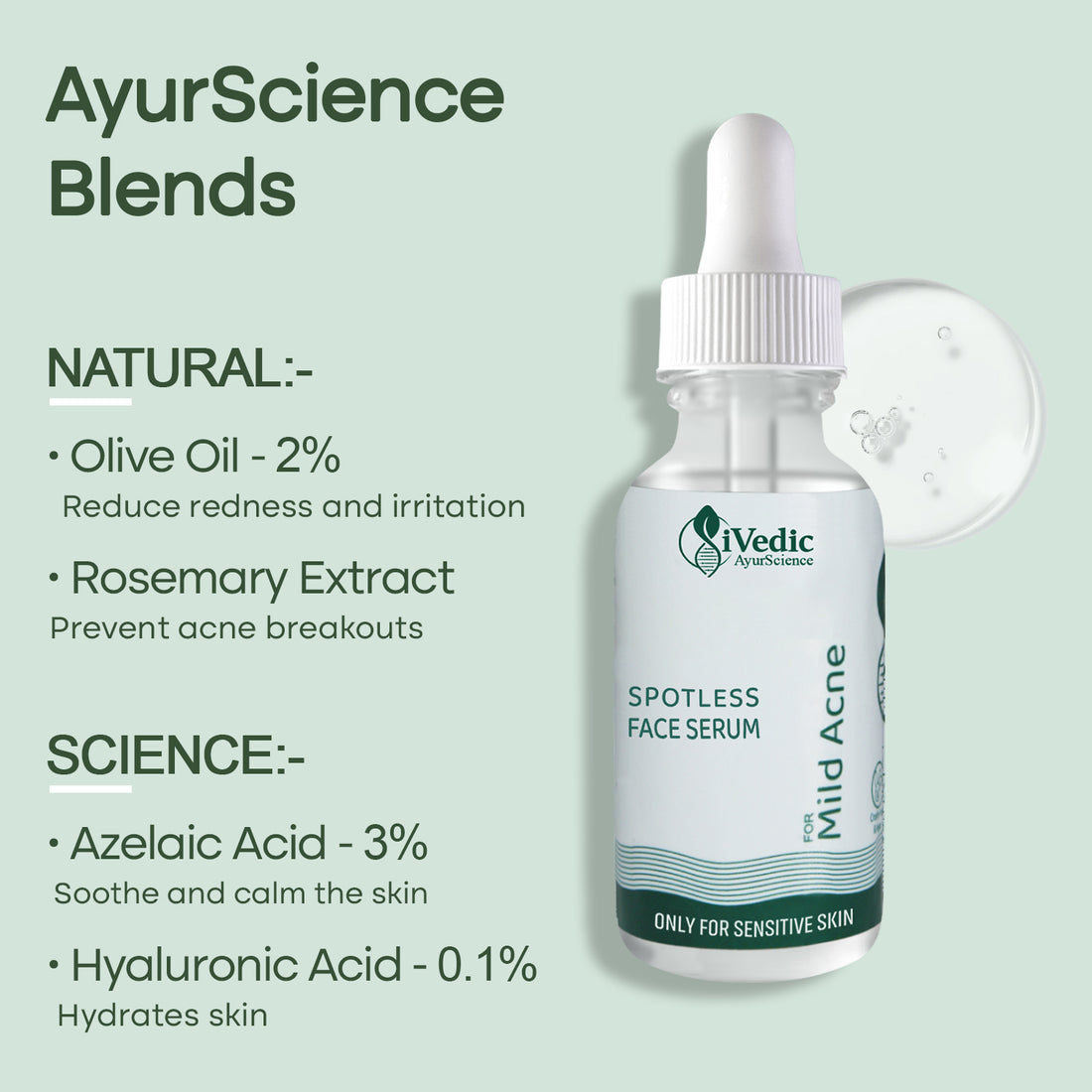 Mild Anti Acne Serum (3% Azelaic Acid, 0.1% Hyaluronic Acid & 2% Olive Oil) for Blackheads & Open pores