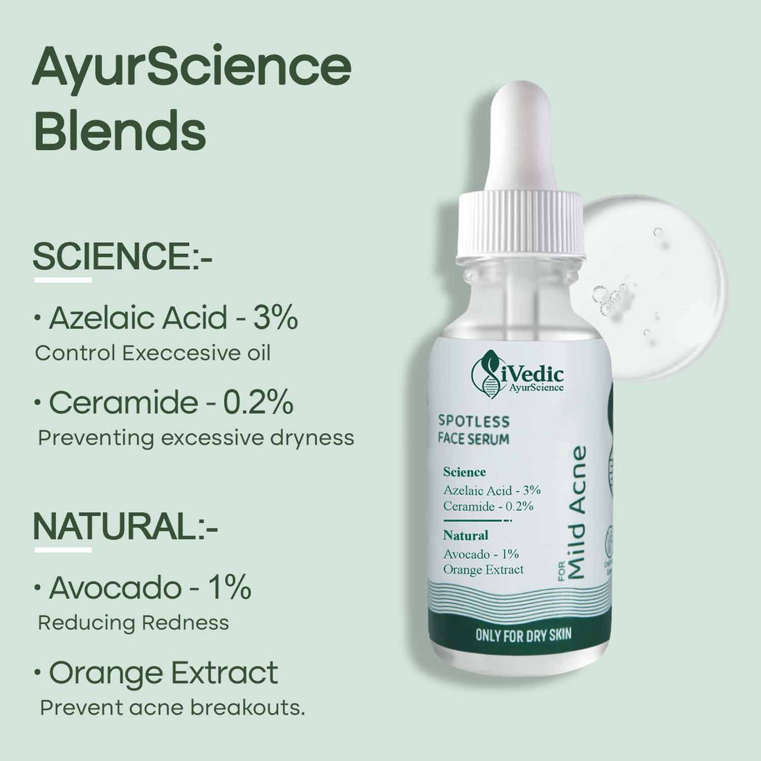 Mild Anti Acne Serum (3% Azelaic Acid, 0.2% Ceramides & Orange Extract) for Open pores & Blackheads