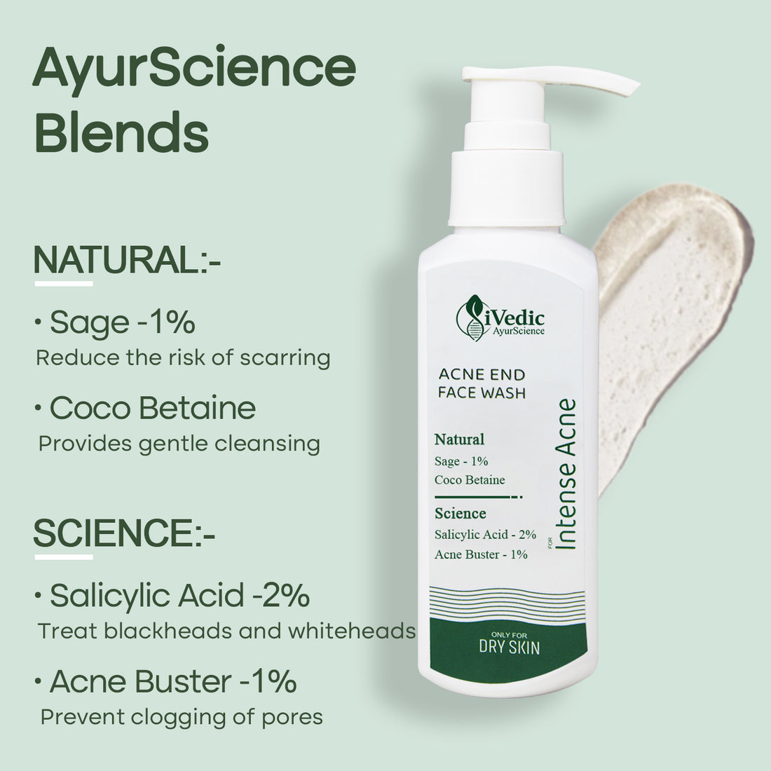 Intense Anti Acne Face Wash Cleanser (2% Salicylic Acid, 1% Acne Buster & 1% Sage) for Blackheads & Open pores