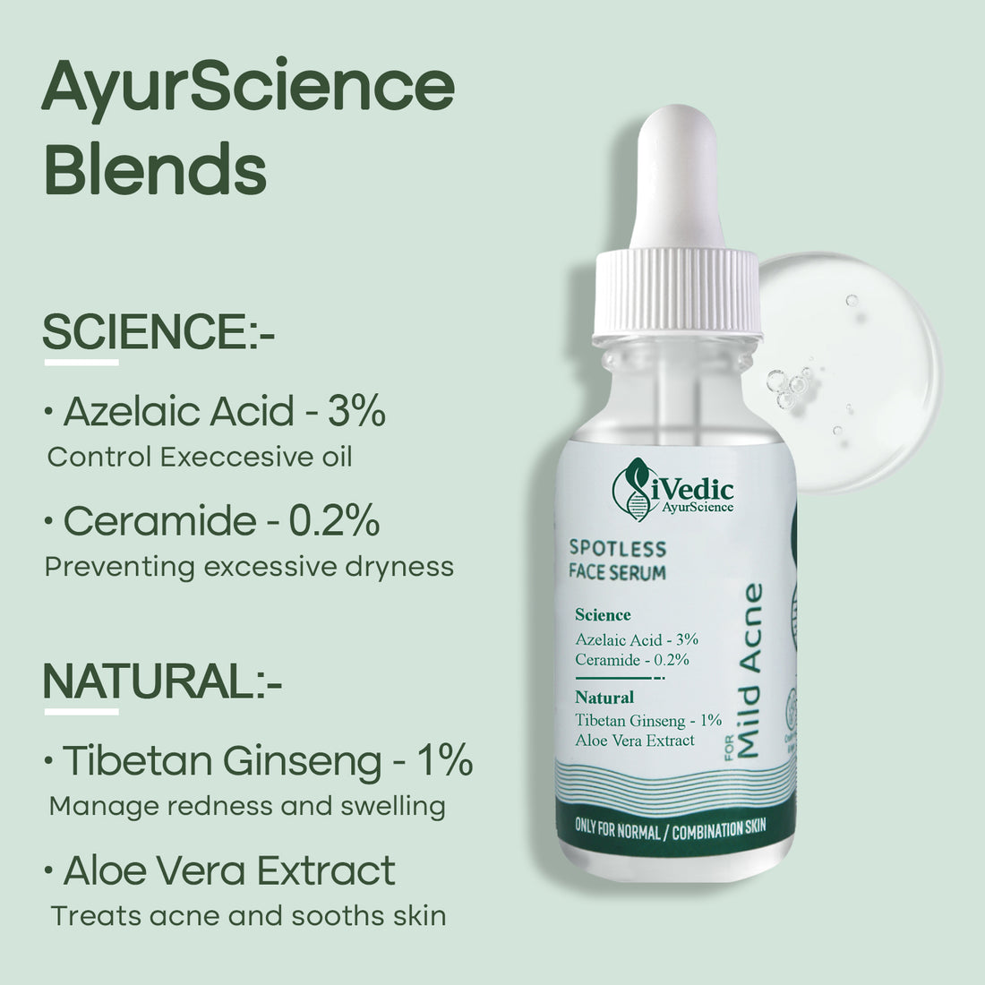 Mild Anti Acne Serum (3% Azelaic Acid, Ceramides, Aloe Vera Extract & 1% Tibetan Gingseng) for Open pores & Blackheads