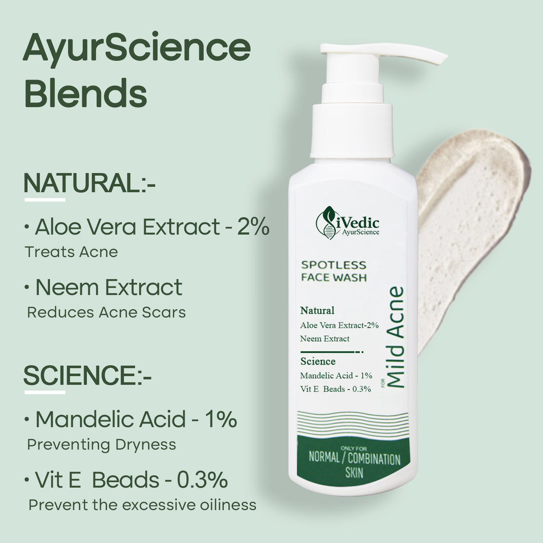 Mild Anti Acne Face Wash Cleanser (1% Mandelic Acid, 0.3% Vitamin E Beads & 2% Aloe Vera Extract) for Blackheads & Open pores