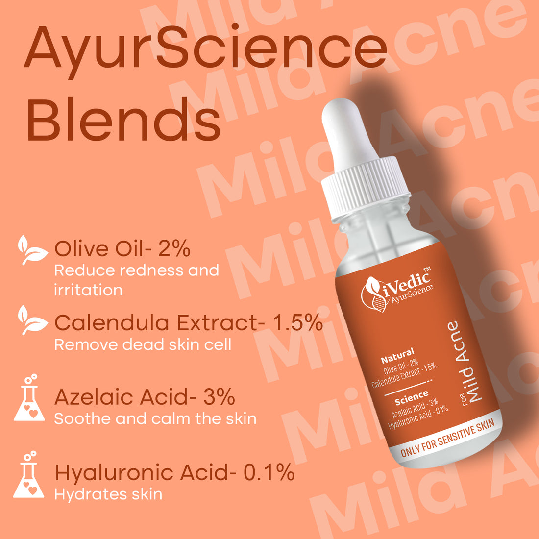 Mild Anti Acne Serum (3% Azelaic Acid, 0.1% Hyaluronic Acid & 2% Olive Oil) for Blackheads & Open pores