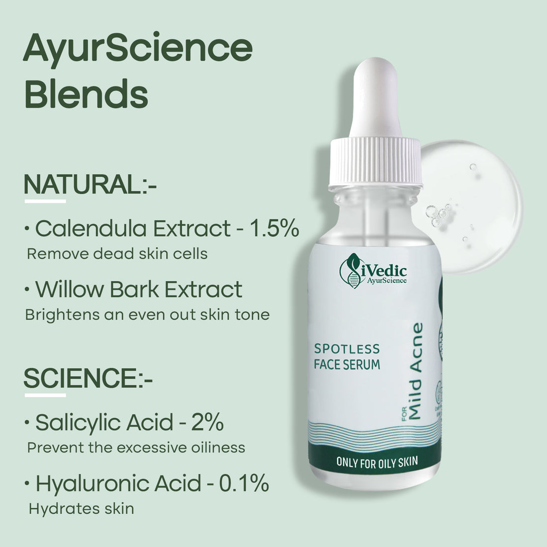 Mild Anti Acne Serum (2% Salicylic Acid, 0.1% Hyaluronic Acid & 1.5% Calendula Extact) for Blackheads & Open pores