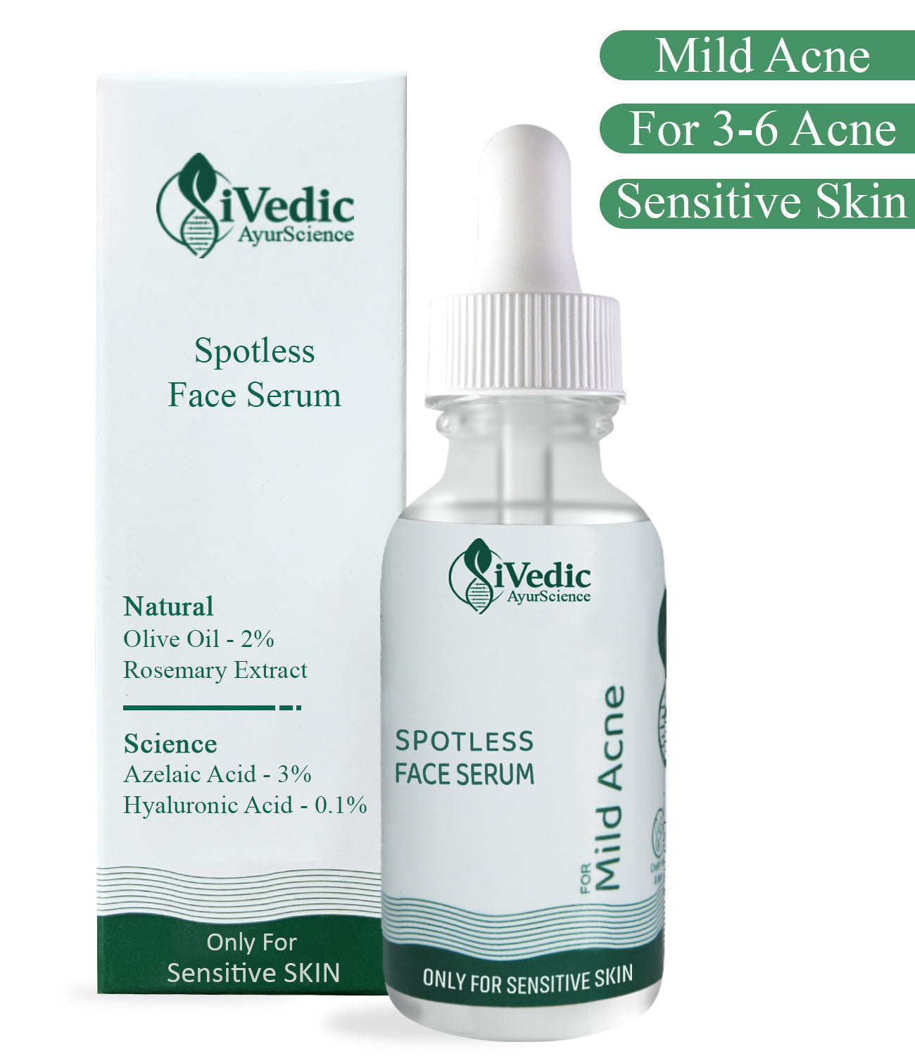 Mild Anti Acne Serum (3% Azelaic Acid, 0.1% Hyaluronic Acid & 2% Olive Oil) for Blackheads & Open pores